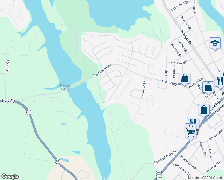 map of restaurants, bars, coffee shops, grocery stores, and more near 1311 Lynchburg Road in Winchester