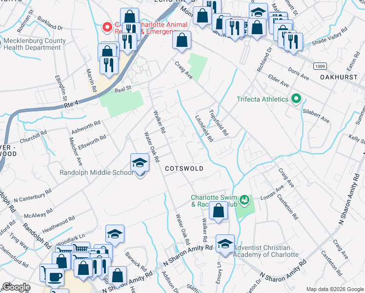 map of restaurants, bars, coffee shops, grocery stores, and more near 901 Richland Drive in Charlotte