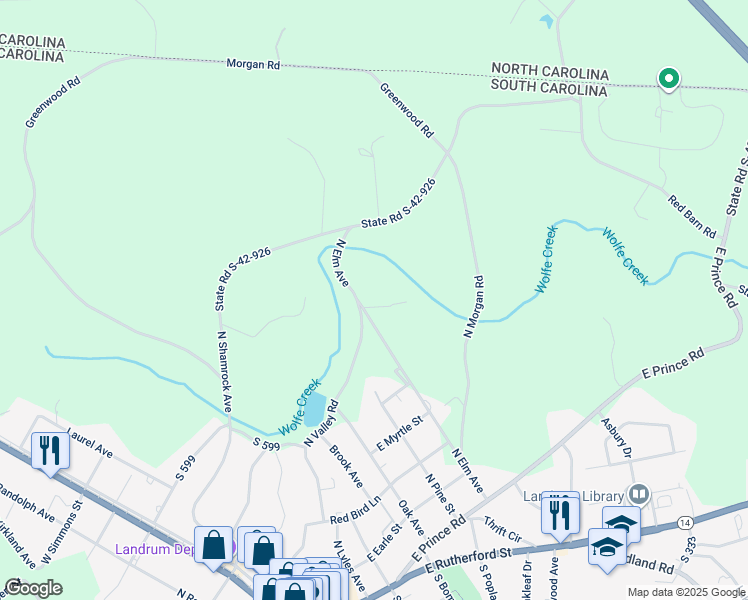 map of restaurants, bars, coffee shops, grocery stores, and more near 748 North Elm Avenue in Landrum