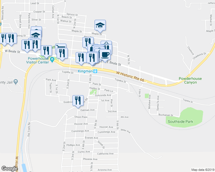 map of restaurants, bars, coffee shops, grocery stores, and more near 528 East Park Street in Kingman