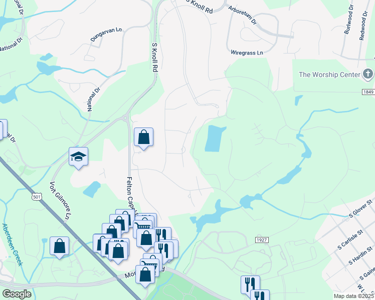map of restaurants, bars, coffee shops, grocery stores, and more near 12 Masters Ridge Place in Southern Pines