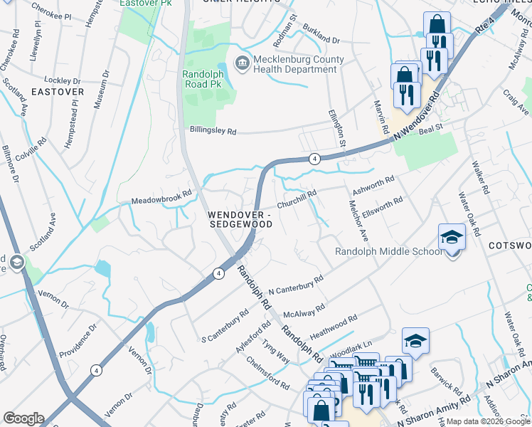 map of restaurants, bars, coffee shops, grocery stores, and more near 3727 Churchill Road in Charlotte