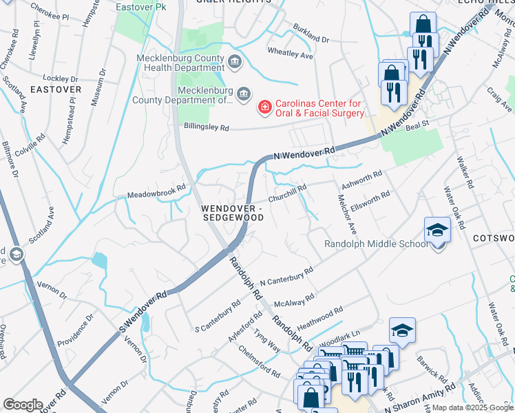 map of restaurants, bars, coffee shops, grocery stores, and more near 3814 Churchill Road in Charlotte
