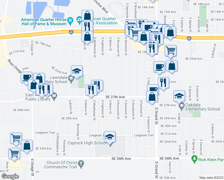 map of restaurants, bars, coffee shops, grocery stores, and more near 1961 South Marrs Street in Amarillo