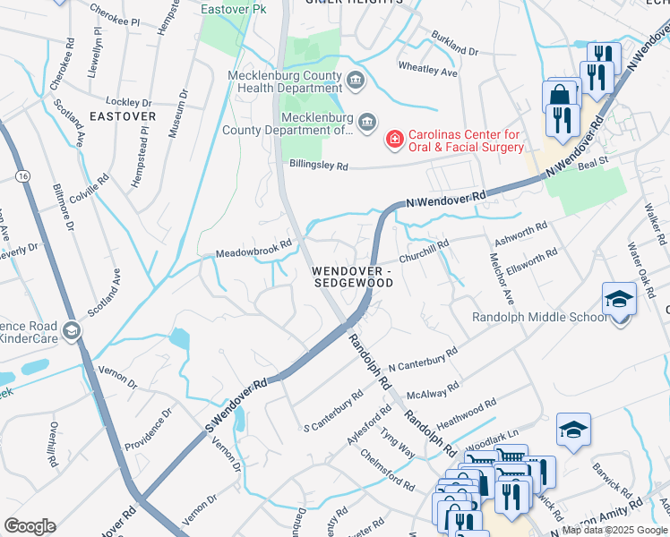 map of restaurants, bars, coffee shops, grocery stores, and more near 3740 Wendwood Lane in Charlotte