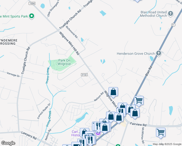 map of restaurants, bars, coffee shops, grocery stores, and more near 5000 Happy Hollow Drive in Mint Hill