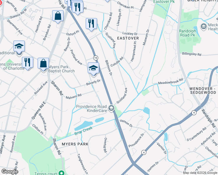 map of restaurants, bars, coffee shops, grocery stores, and more near in Charlotte