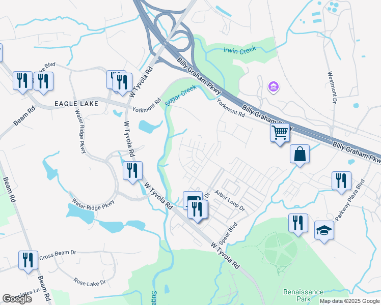 map of restaurants, bars, coffee shops, grocery stores, and more near 2800 Coliseum Centre Drive in Charlotte
