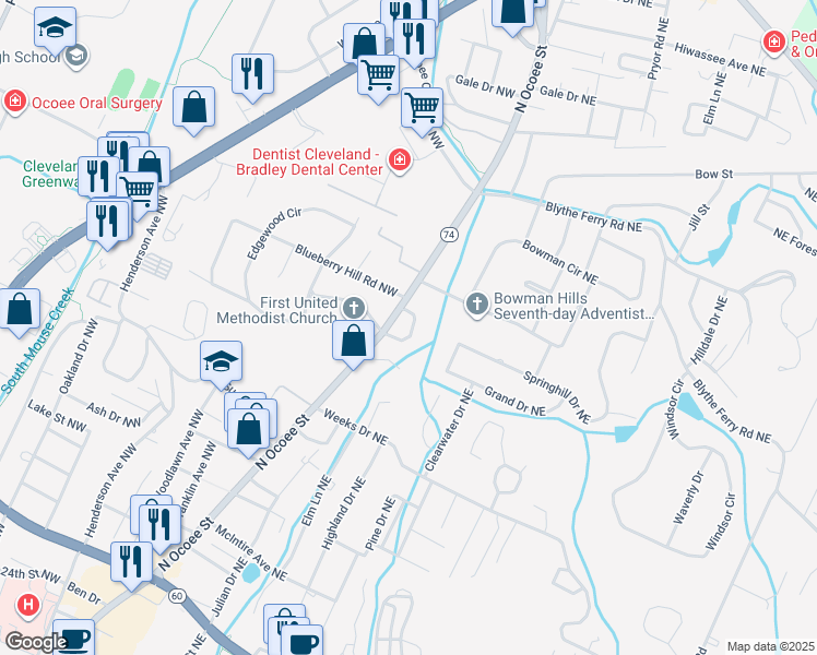 map of restaurants, bars, coffee shops, grocery stores, and more near 3445 North Ocoee Street in Cleveland