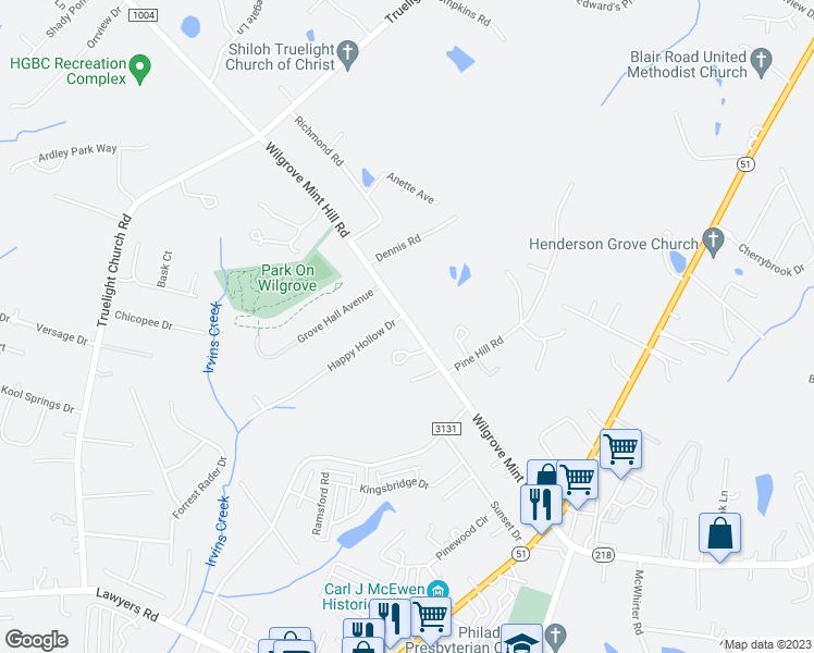 map of restaurants, bars, coffee shops, grocery stores, and more near 5000 Happy Hollow Drive in Mint Hill