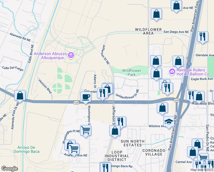 map of restaurants, bars, coffee shops, grocery stores, and more near 8901 Jefferson Street Northeast in Albuquerque