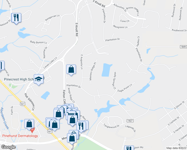 map of restaurants, bars, coffee shops, grocery stores, and more near 12 Masters Ridge Place in Southern Pines