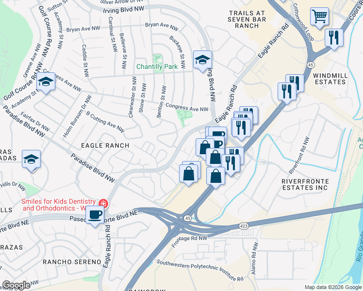 map of restaurants, bars, coffee shops, grocery stores, and more near Eagle Ranch Road Northwest in Albuquerque