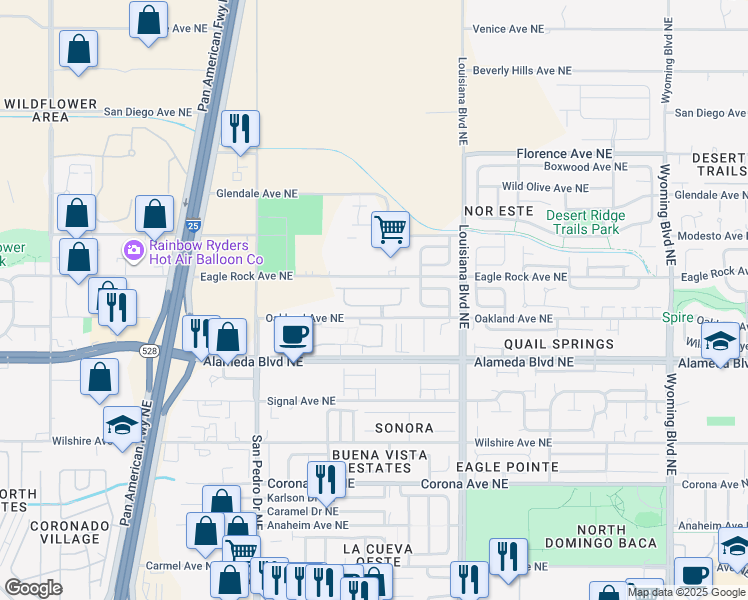 map of restaurants, bars, coffee shops, grocery stores, and more near 6715 Glenlochy Way Northeast in Albuquerque
