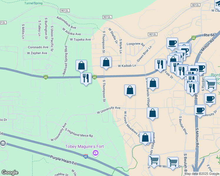 map of restaurants, bars, coffee shops, grocery stores, and more near 1824 Thompson Street in Flagstaff