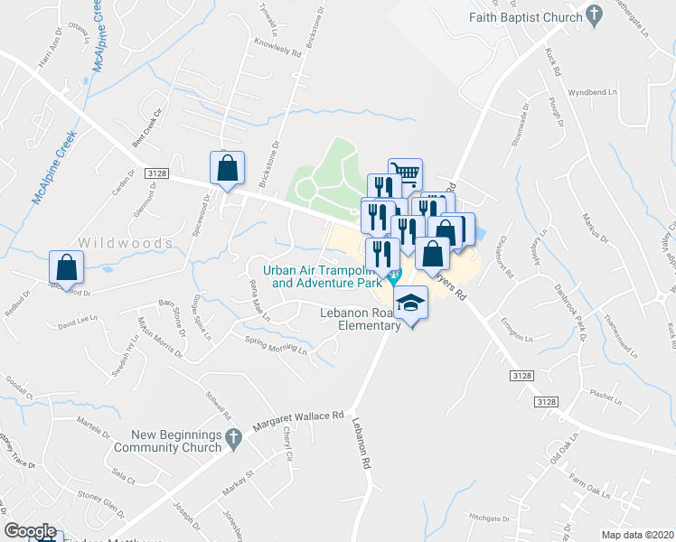 map of restaurants, bars, coffee shops, grocery stores, and more near 7318 Meadow Glen Drive in Charlotte