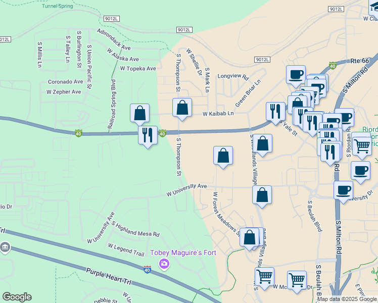map of restaurants, bars, coffee shops, grocery stores, and more near 1824 South Thompson Street in Flagstaff