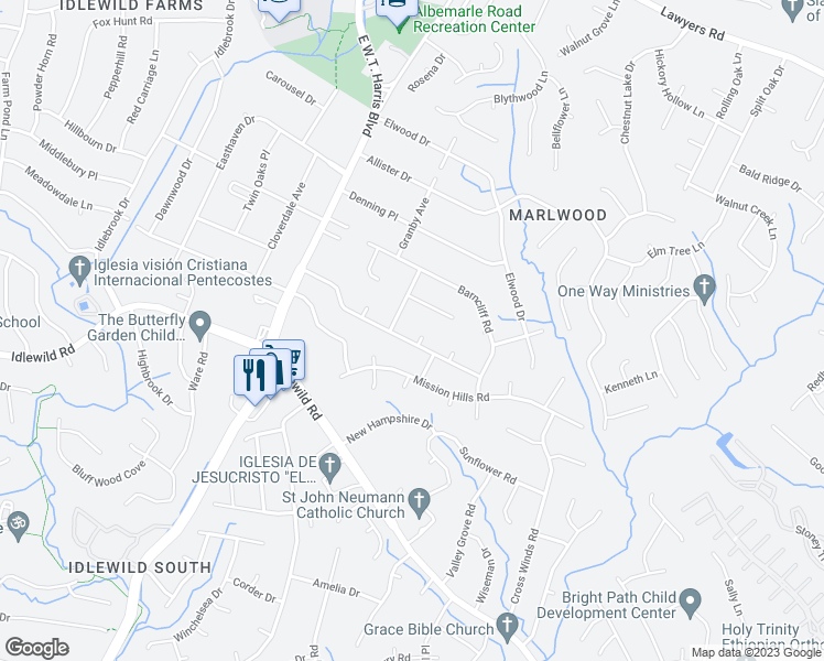 map of restaurants, bars, coffee shops, grocery stores, and more near 4407 Westcreek Court in Charlotte