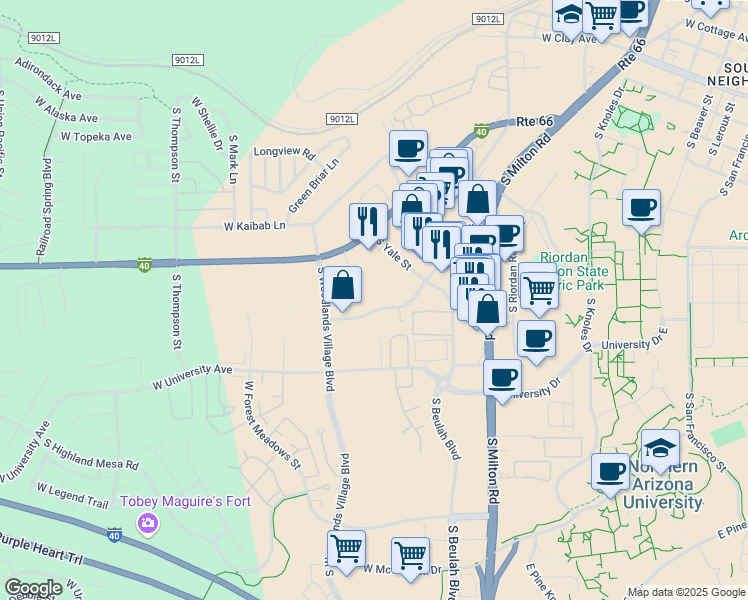 map of restaurants, bars, coffee shops, grocery stores, and more near 1585 South Plaza Way in Flagstaff