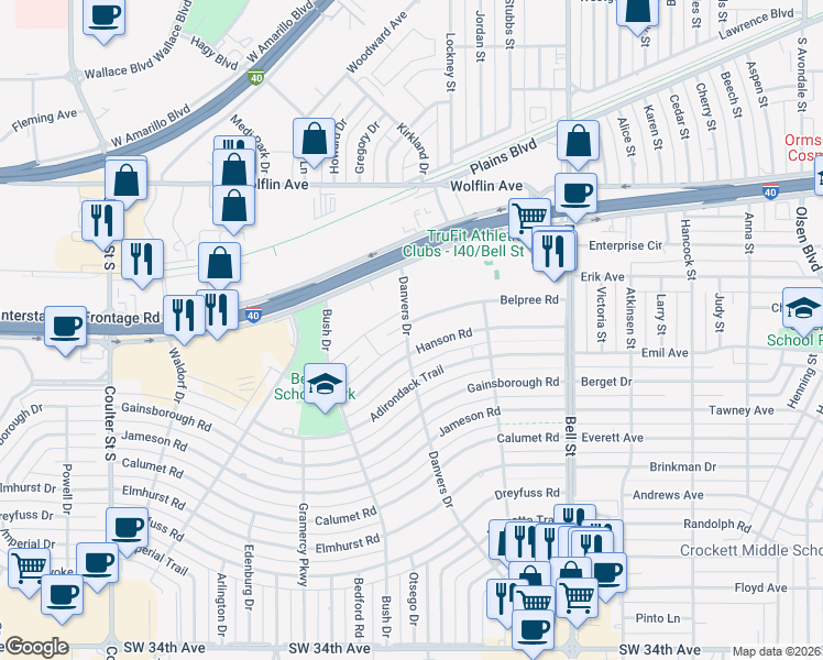 map of restaurants, bars, coffee shops, grocery stores, and more near 6136 Belpree Road in Amarillo