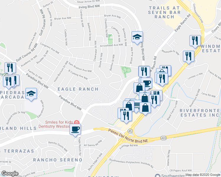 map of restaurants, bars, coffee shops, grocery stores, and more near 4527 Agate Hills Road Northwest in Albuquerque