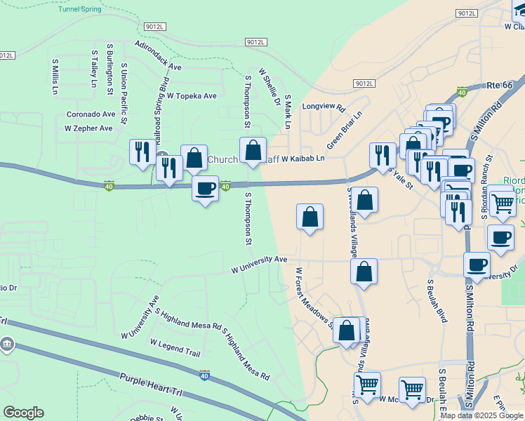 map of restaurants, bars, coffee shops, grocery stores, and more near 1609 N West St in Flagstaff
