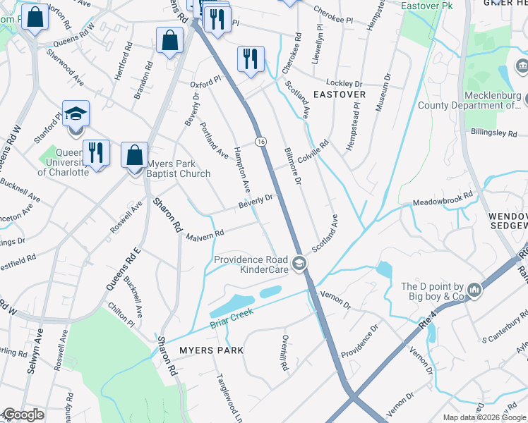 map of restaurants, bars, coffee shops, grocery stores, and more near 2310 Beverly Drive in Charlotte