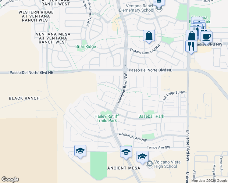 map of restaurants, bars, coffee shops, grocery stores, and more near 7219 Senecu Court Northwest in Albuquerque