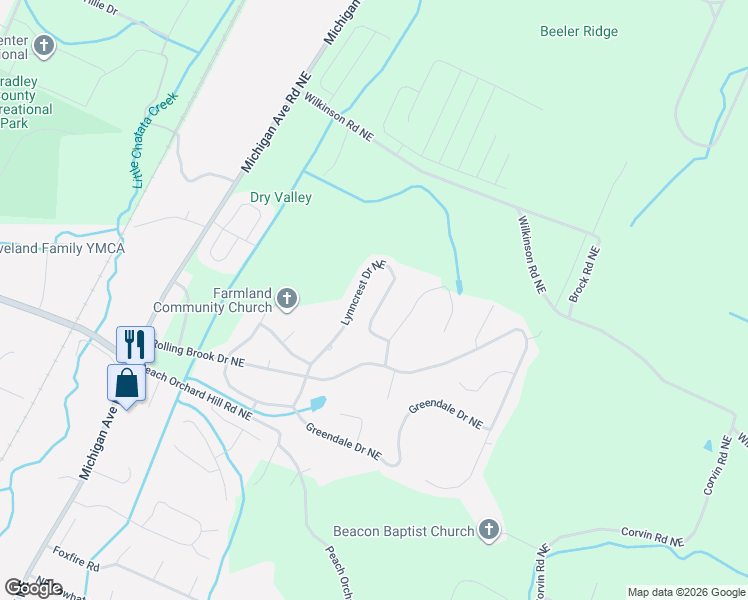 map of restaurants, bars, coffee shops, grocery stores, and more near 3960 Lynncrest Drive Northeast in Cleveland