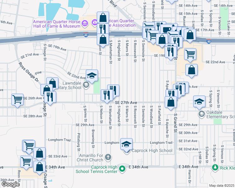 map of restaurants, bars, coffee shops, grocery stores, and more near 1958 South Highland Street in Amarillo