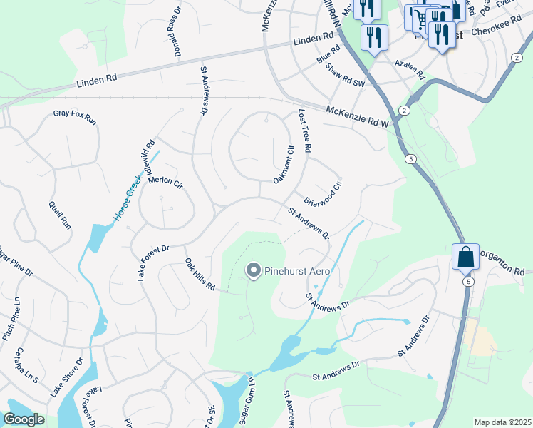 map of restaurants, bars, coffee shops, grocery stores, and more near 35 Hillcrest Road in Pinehurst
