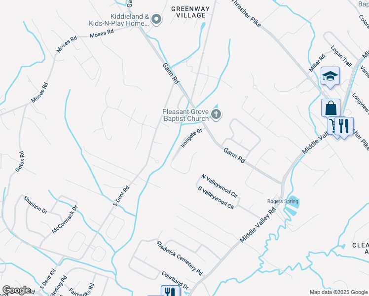 map of restaurants, bars, coffee shops, grocery stores, and more near 7514 Irongate Drive in Middle Valley