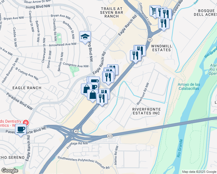 map of restaurants, bars, coffee shops, grocery stores, and more near 4349 Irving Boulevard Northwest in Albuquerque