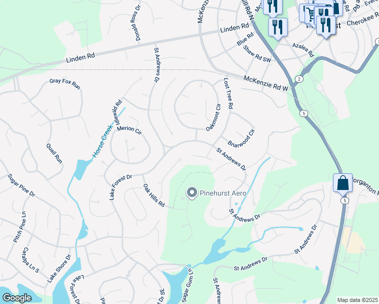 map of restaurants, bars, coffee shops, grocery stores, and more near 5 Hillcrest Road in Pinehurst