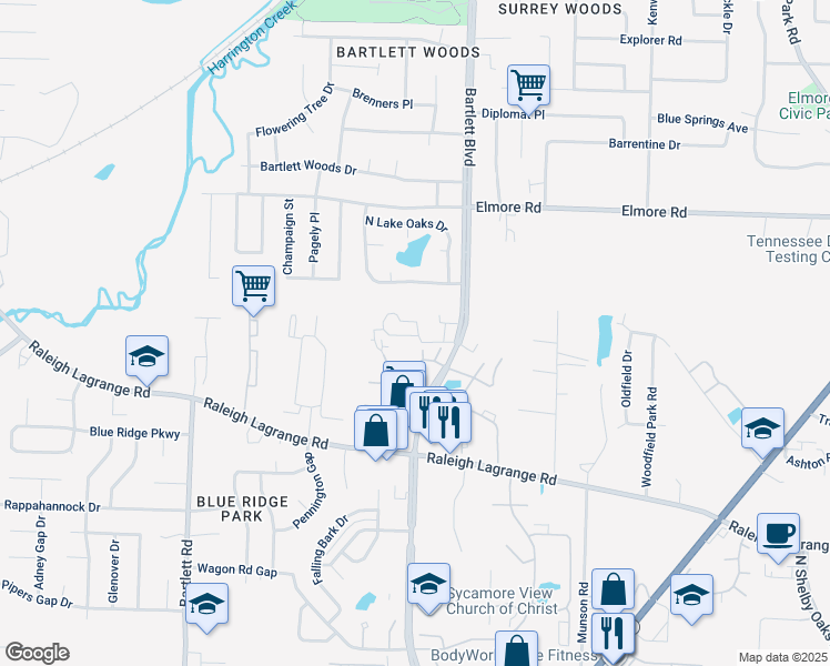map of restaurants, bars, coffee shops, grocery stores, and more near 5760 Silvercreek Drive South in Memphis
