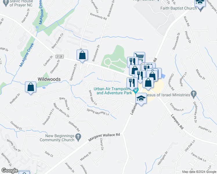 map of restaurants, bars, coffee shops, grocery stores, and more near 8943 Chesham Drive in Charlotte
