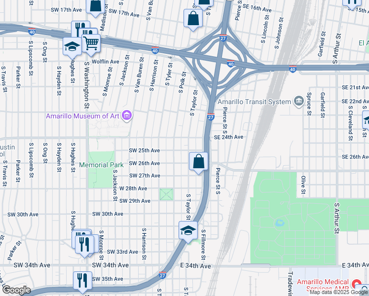 map of restaurants, bars, coffee shops, grocery stores, and more near 2405 South Taylor Street in Amarillo