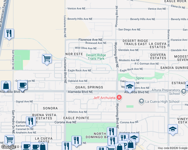 map of restaurants, bars, coffee shops, grocery stores, and more near 9016 Lazy Brook Court Northeast in Albuquerque