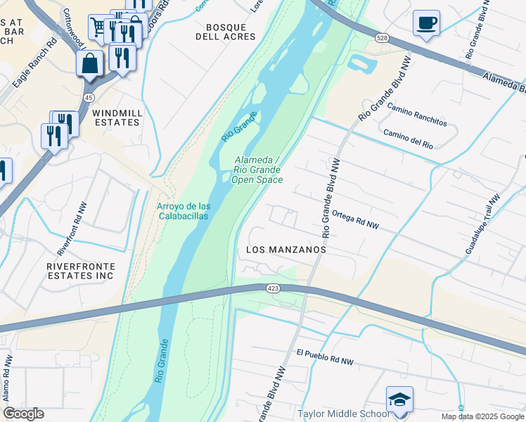 map of restaurants, bars, coffee shops, grocery stores, and more near 8705 Rio Grande Boulevard Northwest in Los Ranchos de Albuquerque