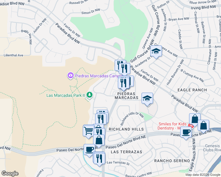map of restaurants, bars, coffee shops, grocery stores, and more near 9308 Drolet Drive Northwest in Albuquerque
