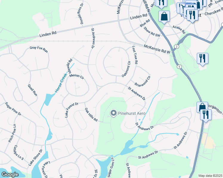map of restaurants, bars, coffee shops, grocery stores, and more near 5 Hillcrest Road in Pinehurst