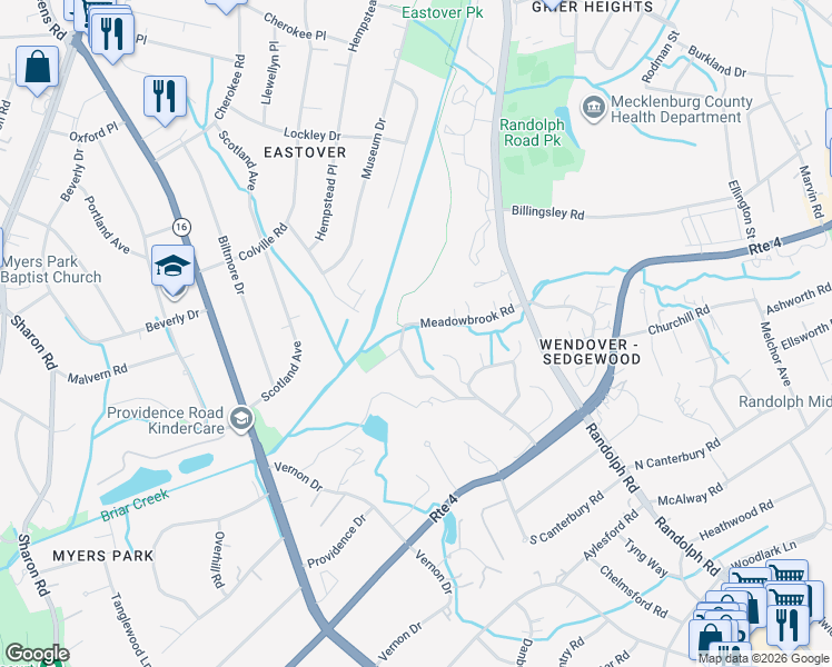 map of restaurants, bars, coffee shops, grocery stores, and more near in Charlotte