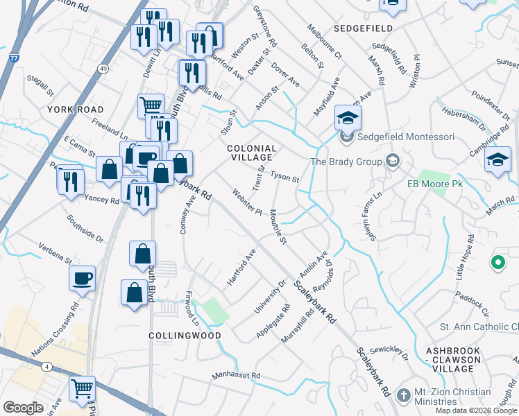 map of restaurants, bars, coffee shops, grocery stores, and more near 401 Webster Place in Charlotte