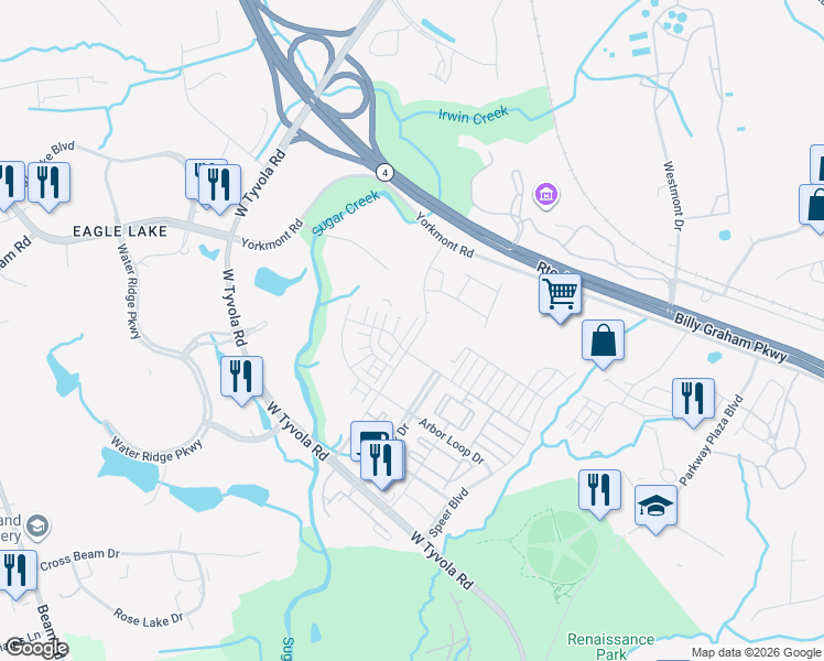 map of restaurants, bars, coffee shops, grocery stores, and more near 198 Hive Drive in Charlotte