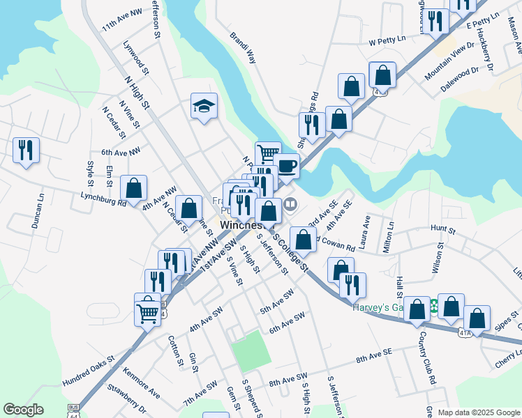 map of restaurants, bars, coffee shops, grocery stores, and more near 119 1st Avenue Northwest in Winchester