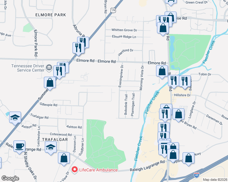 map of restaurants, bars, coffee shops, grocery stores, and more near 2260 Birken Drive in Memphis