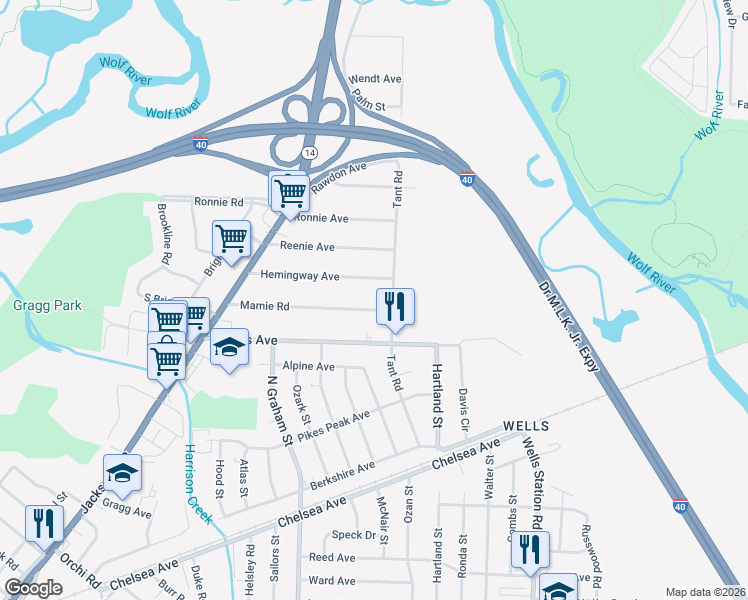 map of restaurants, bars, coffee shops, grocery stores, and more near 4111 Hemingway Avenue in Memphis
