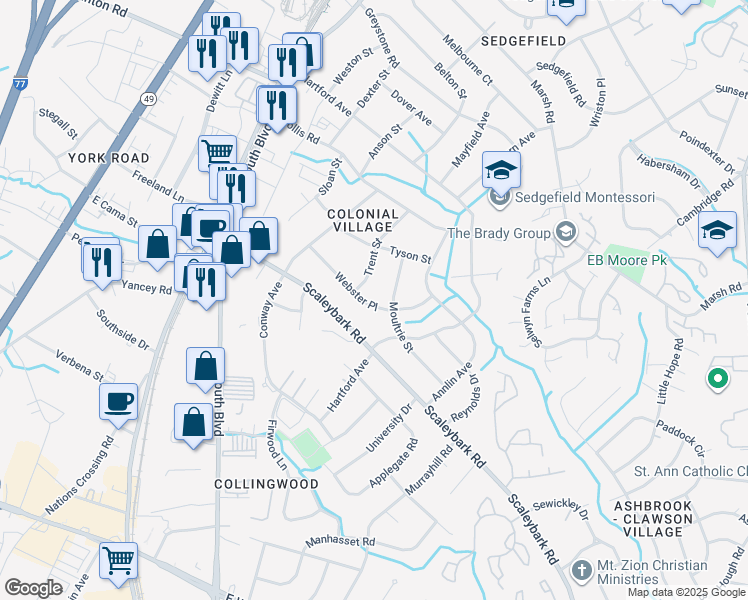 map of restaurants, bars, coffee shops, grocery stores, and more near 401 Webster Place in Charlotte