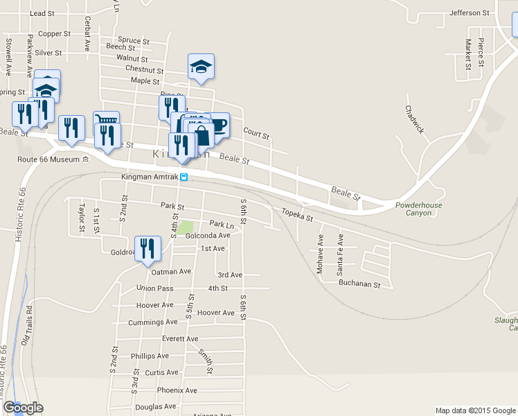map of restaurants, bars, coffee shops, grocery stores, and more near 616 Topeka Street in Kingman