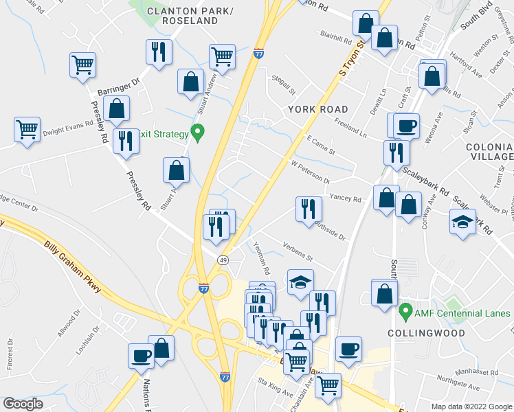 map of restaurants, bars, coffee shops, grocery stores, and more near South Tryon Street & Orchard Circle in Charlotte